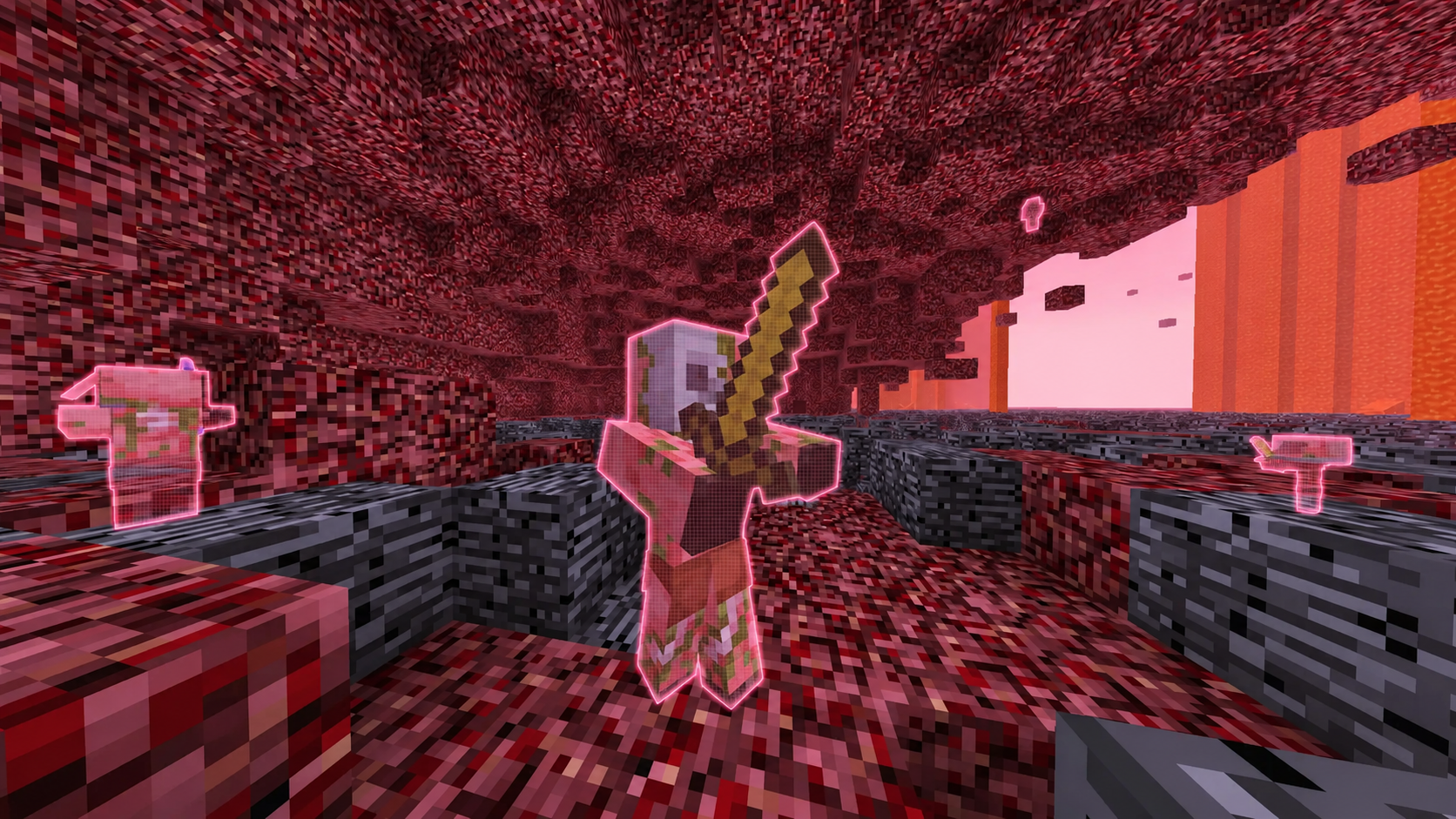 Pink entity outlines in a Nether landscape